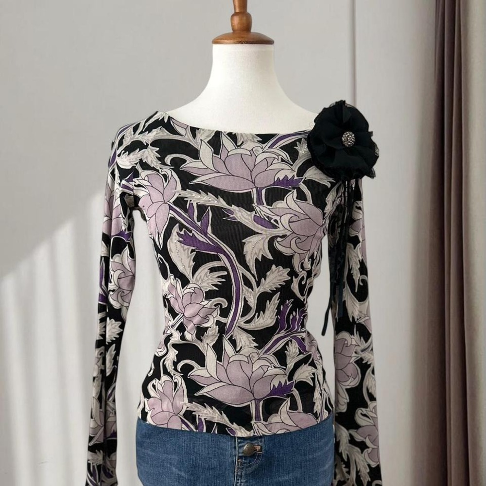 The Limited NWT Purple and Black Floral Mesh Long Sleeve Y2k Top